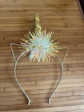 Gold Unicorn Horn Headband for Kids with Iridescent Pom Pom